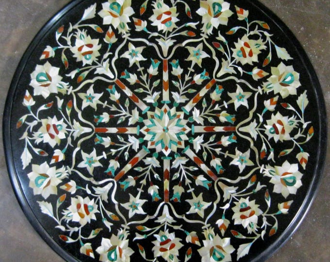 Round Black Marble Floral Inlay Table Top | Handmade Pietra Dura Stone Art