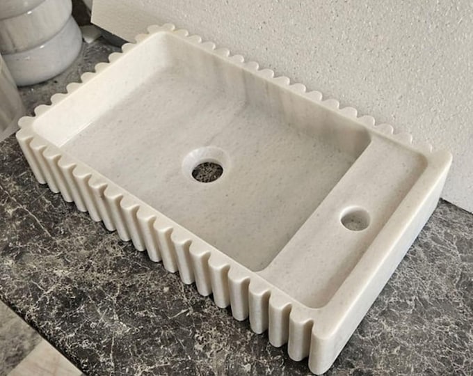 White Marble Grooved Borders Washbasin Above Vanity Sink