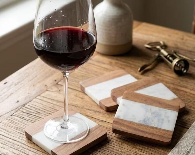 Marble & Acacia Wood Coasters Set – Wine Glass Coasters