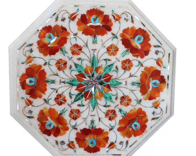 Marble Corner Table Top Semi Precious stones handmade Carnelian inlay