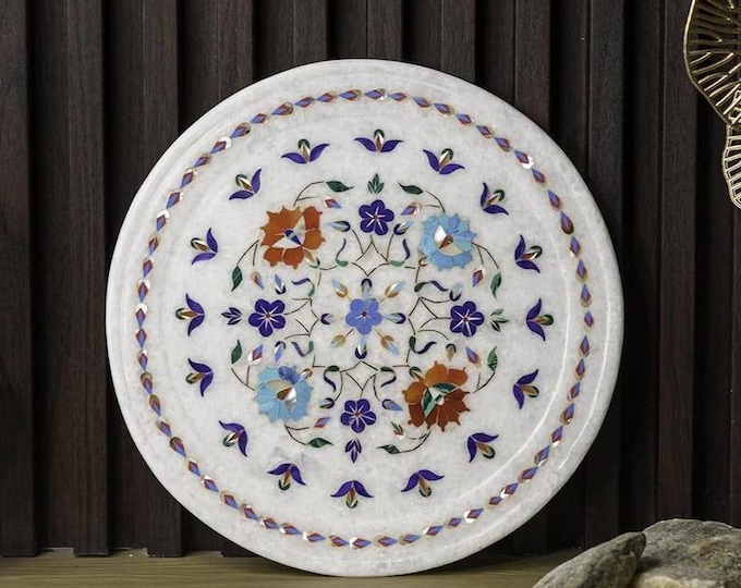 Round Marble Inlay Plate, Handmade Pietra Dura Floral Art