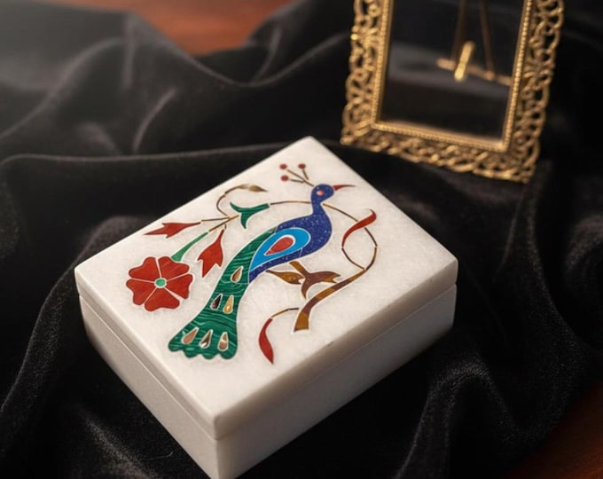 Handmade Marble Jewelry Box with Peacock Inlay Design