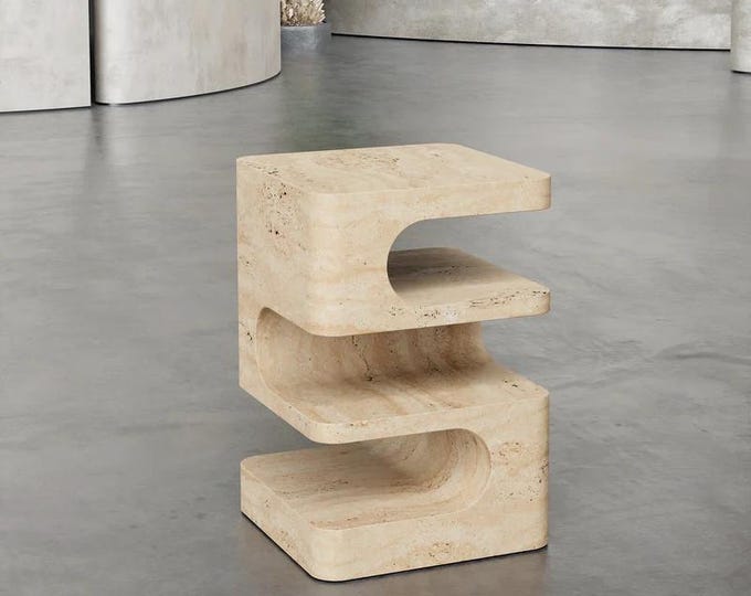 Hand-Carved Travertine Side Table Modern Minimalist Stone Accent Table