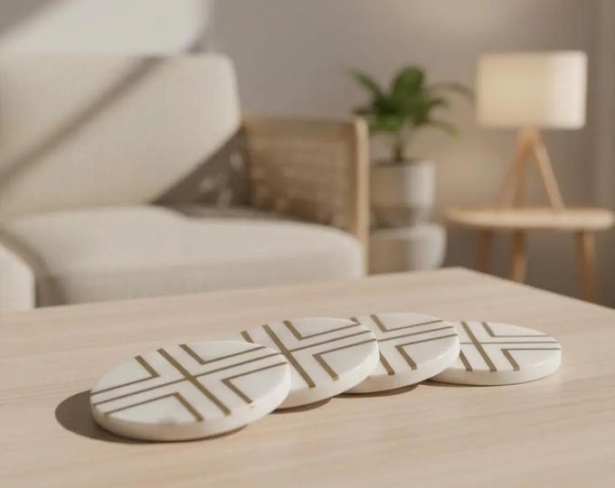 Marble Coaster Set with Geometric Inlay | Modern Minimalist Drink Coasters