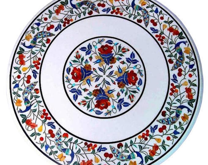 Handmade White Marble Table Top: Floral Inlay Coffee Table