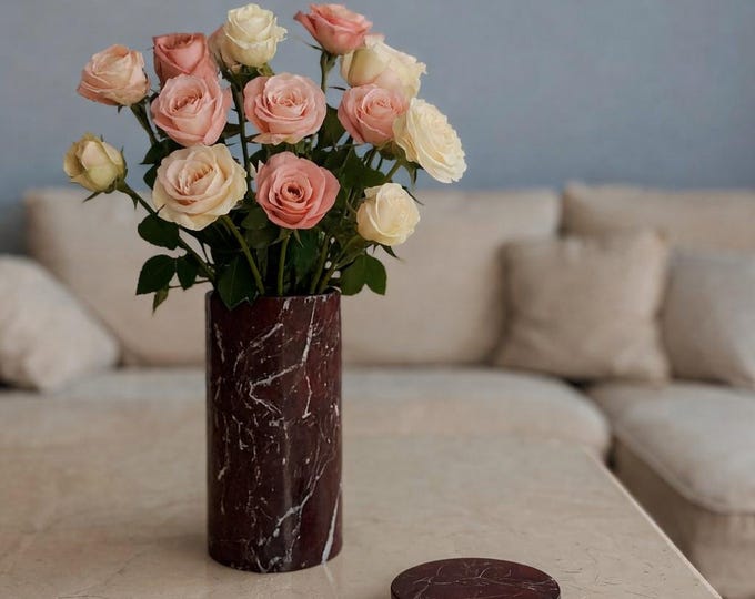 Rosso Levanto Marble Vase, Modern Minimalist Decor