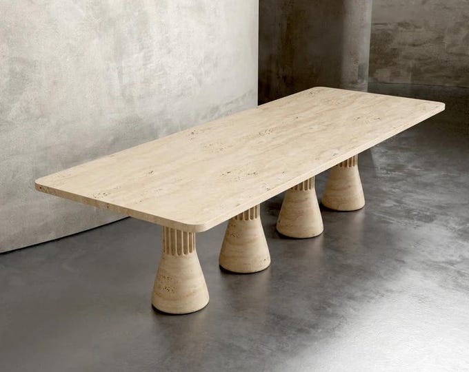 Handmade Travertine & Carrara Marble Dining Table: Modern Sculptural Pedestal