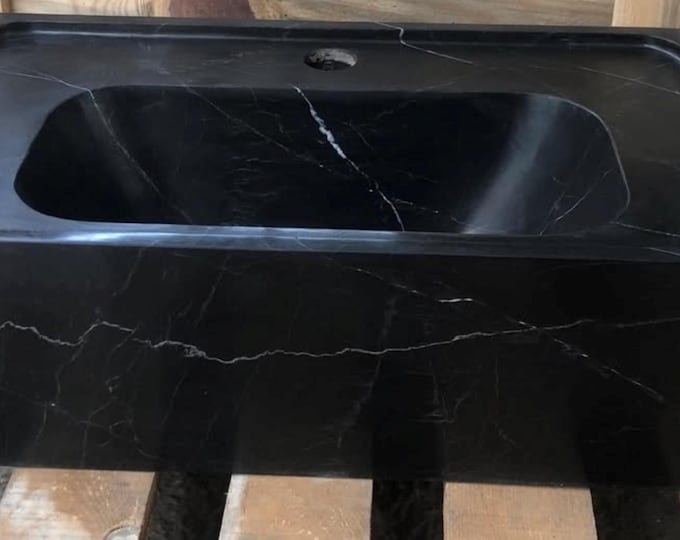 Handcrafted Nero Marquina Black Marble Sink – Modern Rectangular Wall-Mounted Basin