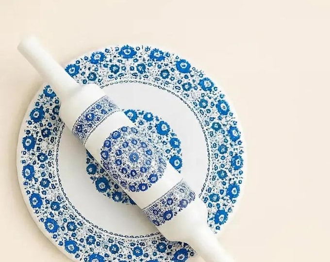 White Marble Chakla Belan Set with Lapis Lazuli Inlay Floral Design – Rolling Board & Pin