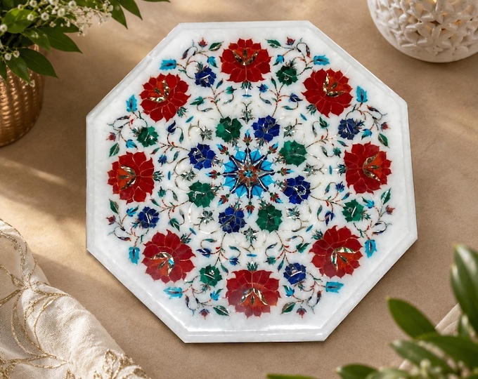 Marble Table Top Semi Precious Stones Carnelian Lapis Handmade Pietra Dura Work Home Decor