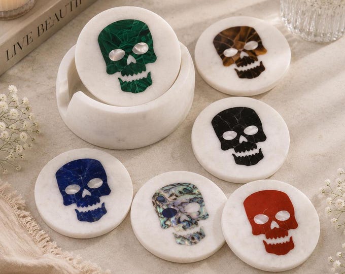 Skull Marble Coaster Set with Inlay Art | Gothic Luxury Table Decor