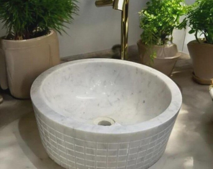 Round White Marble Vessel Sink – Textured Stone Bathroom Basin