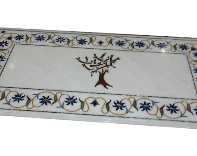Handmade Marble Inlay Table Top with Tree Design – White Pietra Dura Stone Floral Border