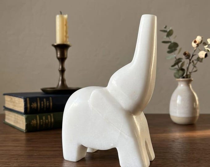 White Marble Elephant Figurine, Handmade Stone Animal Decor