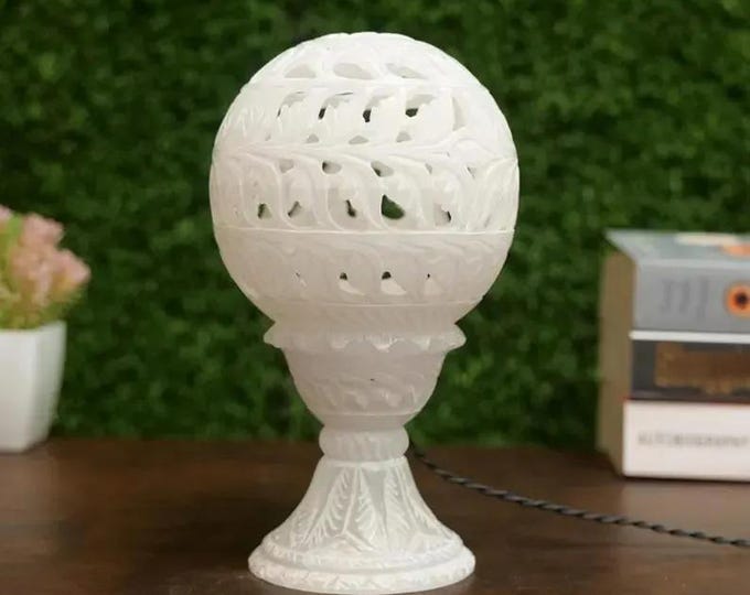 Hand Carved Marble Sphere Lamp | White Marble Filigree Light