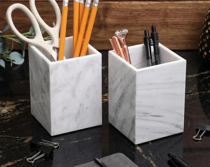 White Marble Pen Holder Set – Minimalist Desk Organizer