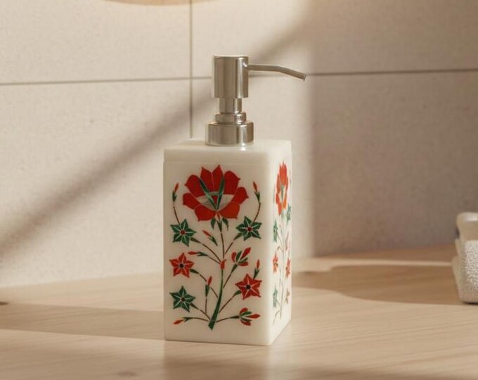 Handcrafted Marble Soap Dispenser with Floral Inlay | Square Marble Bathroom Accessory
