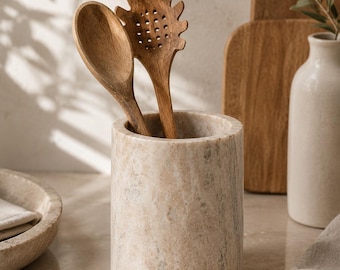 Handmade Travertine Utensil Holder – Minimalist Kitchen Décor