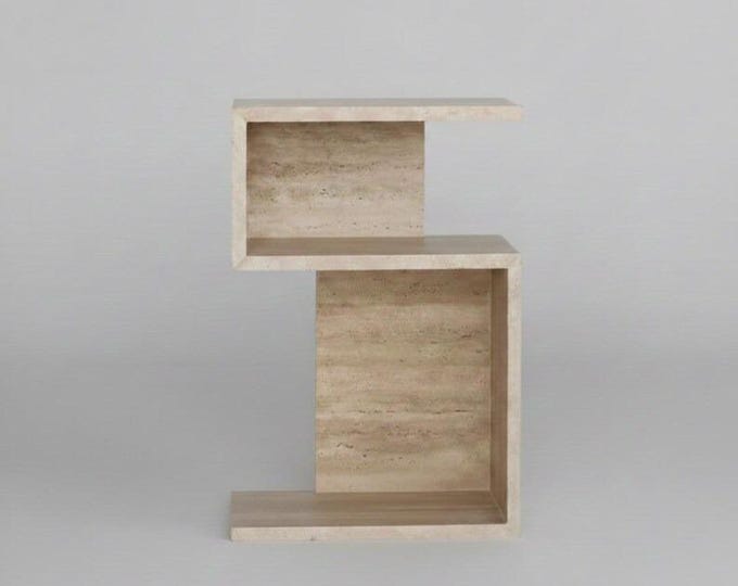 Modern Geometric Travertine Side Table, Minimalist S Shape End Table