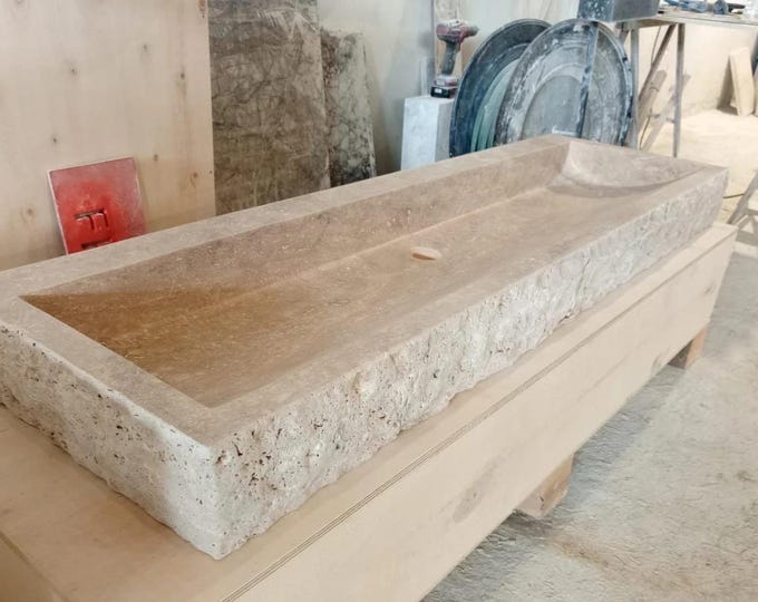 Hand-Chiseled Travertine Wall-Mount Sink: 54-Inch Bathroom Basin