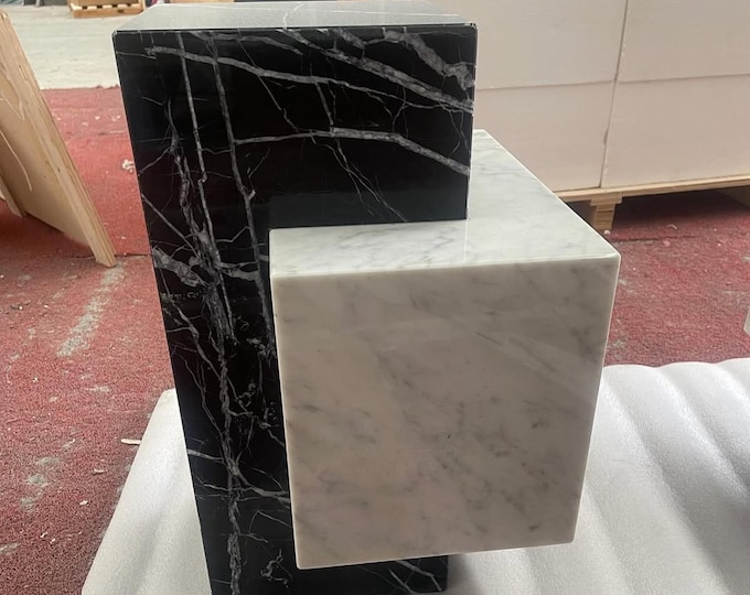 Handcrafted Nero Marquina & Carrara Marble Geometric Side Table – Modern Two-Tone Sculptural Accent