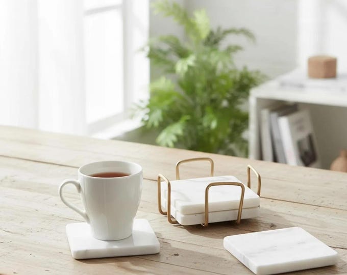White Marble Coaster Set with Brass Holder