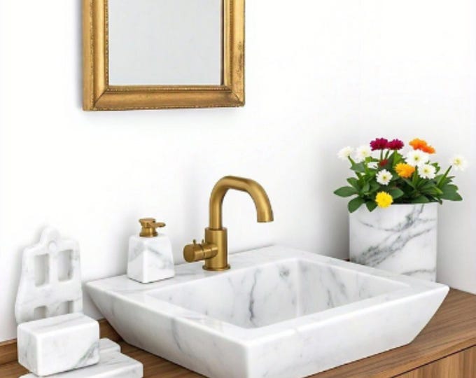 Handcrafted White Carrara Marble Sink: Bathroom or Kitchen Vanity