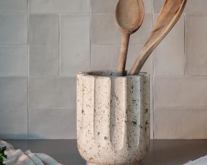 Handmade Travertine Utensil Holder – Minimalist Kitchen Décor