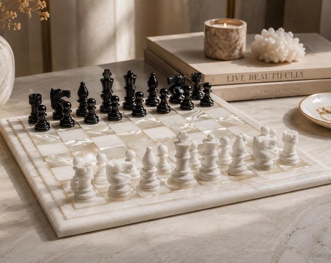 White Marble Chess Set with Matching Pieces – Elegant Game Board
