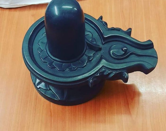 Black Stone Shiva Lingam Idol with Carved Base Handmade