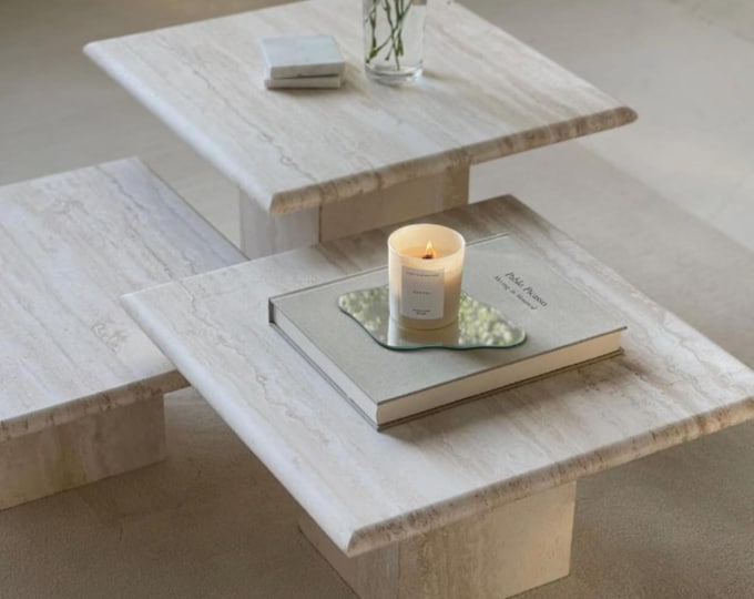 Travertine Nesting Tables: Mid-Century Modern Italian Stone Coffee Table Set of 3 Tables