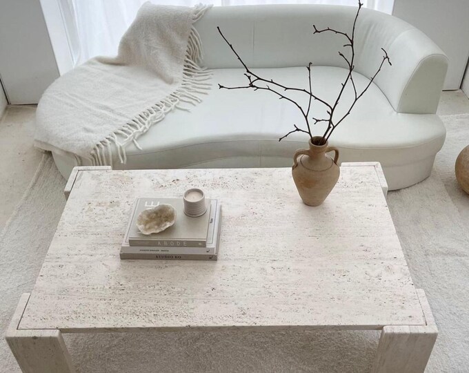 Handmade Rectangular Travertine Coffee Table – Minimalist Modern Stone Centerpiece for Living Room