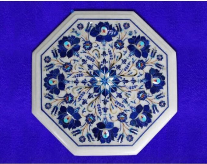Marble Corner Table Top Semi Precious Stones Handmade Lapis Lazuli Inlay Work Home Decor