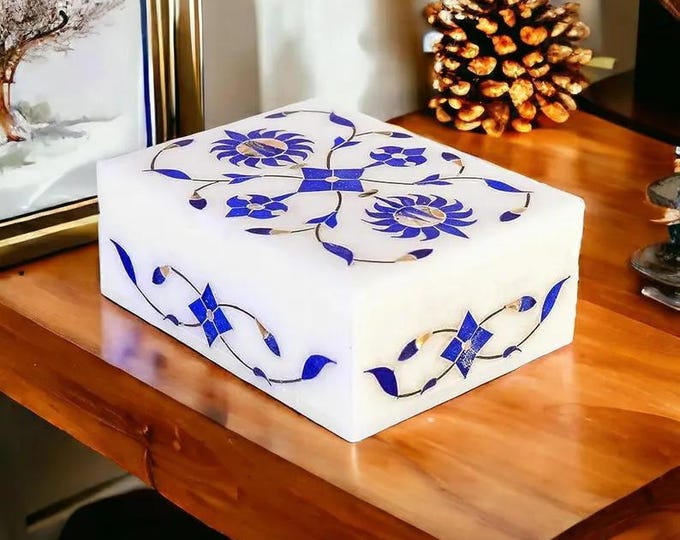 Handmade White Marble Jewelry Box with Blue Floral Inlay | Decorative Stone Trinket Box