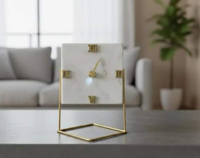 Marble Desk Clock with Brass Stand | Modern Minimalist Table Clock