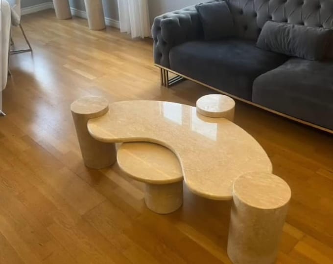 Handmade Travertine Marble Coffee Table Sculptural Organic Centerpiece
