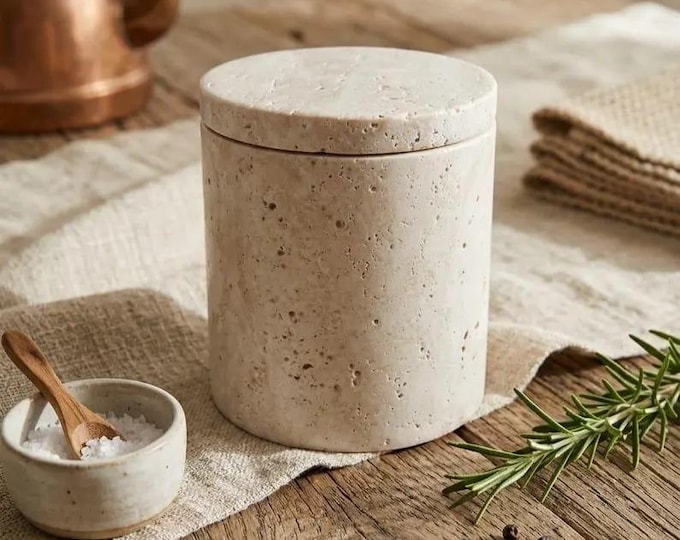 Travertine Storage Jar with Lid, Minimalist Stone Container