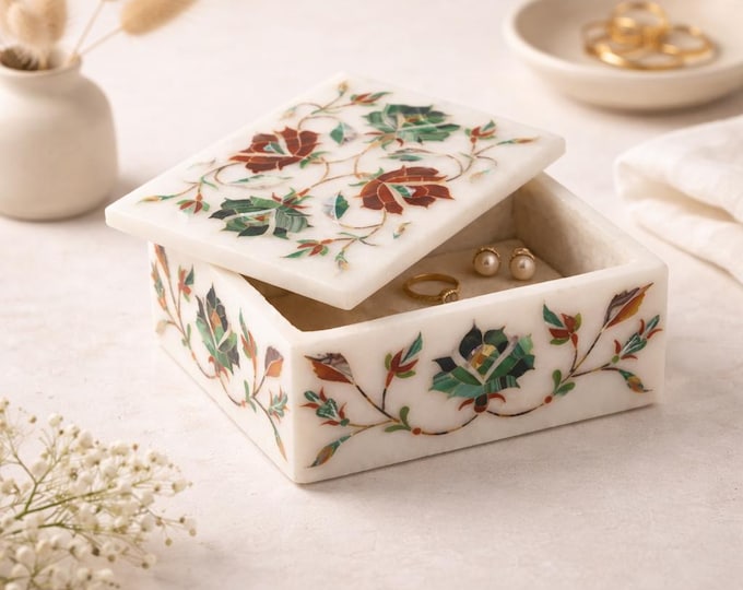 Minimalist White Marble Jewelry Box with Floral Stone Inlay – Handmade Luxury Storage