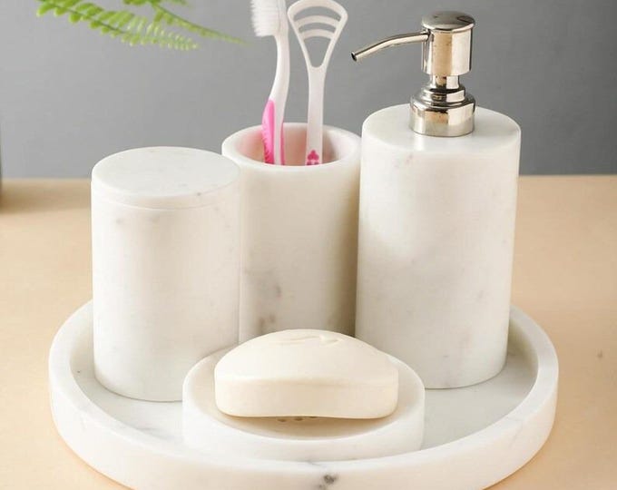 Handcrafted White Marble Bath Set | Elegant Stone Bathroom Accessories