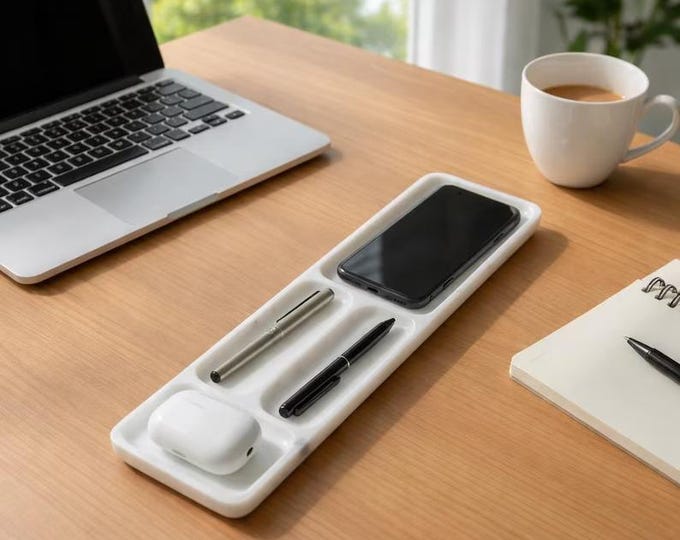 Minimalist White Marble Desk Organizer Tray