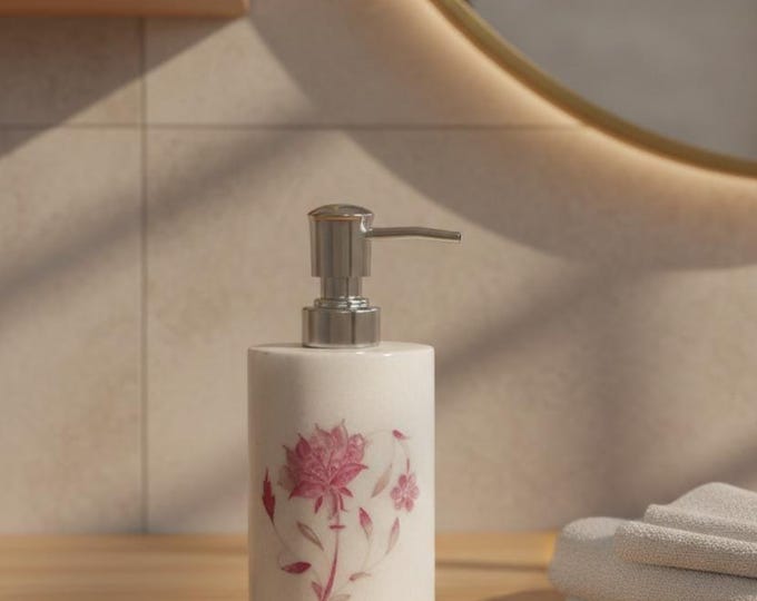Soap Dispenser with Floral Inlay | Mother of Pearl Bathroom Decor | Personalized Luxury Stone Accessory