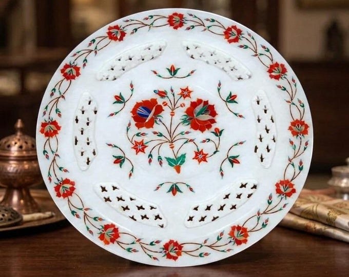 Marble Inlay Plate | Pietra Dura Floral Decorative Plate