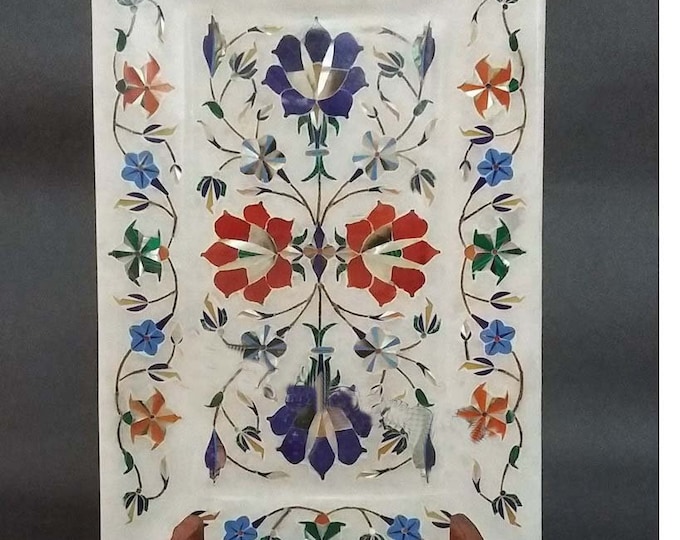 9 x 6 Inches White Marble Rectangle Shape Serving Tray with Elegant Look Multicolor Stone Inlay Work Collectible Tray