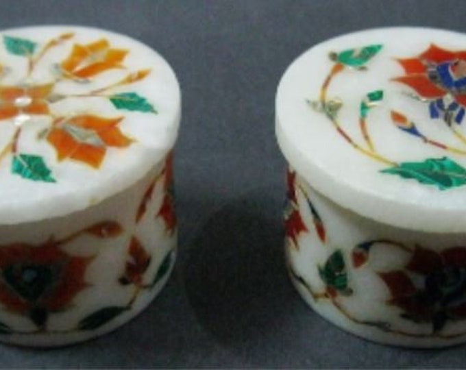 2.5 Inches Rubber Band Box Inlaid with Carnelian Stone Round Shape White Marble Trinket Box from Cottage Art and Crafts Set of 2 Pieces