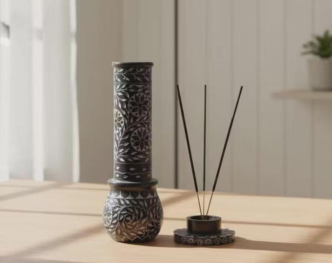 Hand-Carved Soapstone Incense Holder & Candle Holder Set