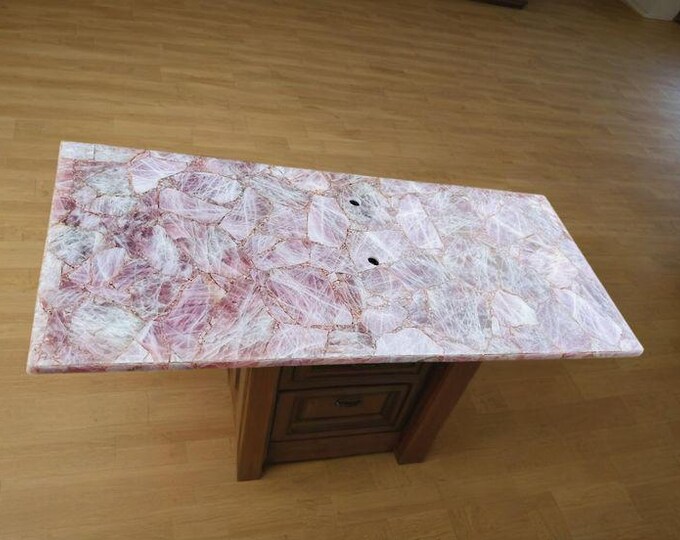 Handmade Rose Quartz Table Top: Gemstone Centerpiece, Inlaid Semiprecious Stones