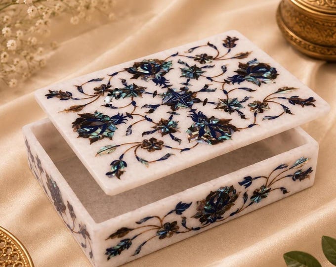 White Marble Jewelry Box with Floral Inlay Art – Home Decor Storage