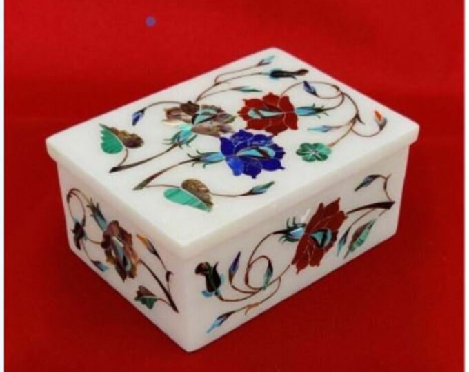 4" x 3" x 2" Marble Jewelry Box Semi Precious Stones Inlay Handmade Pietradura Home Decor