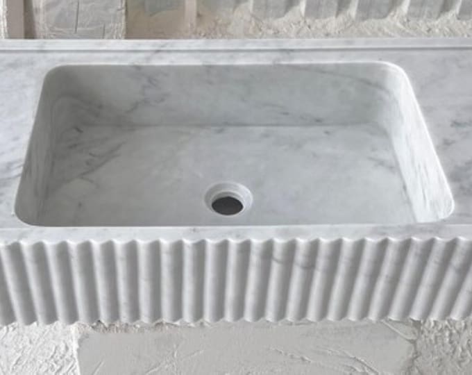 Luxury White Marble Fluted Sink with Rectangular Design and Polished Finish by MarblingOver