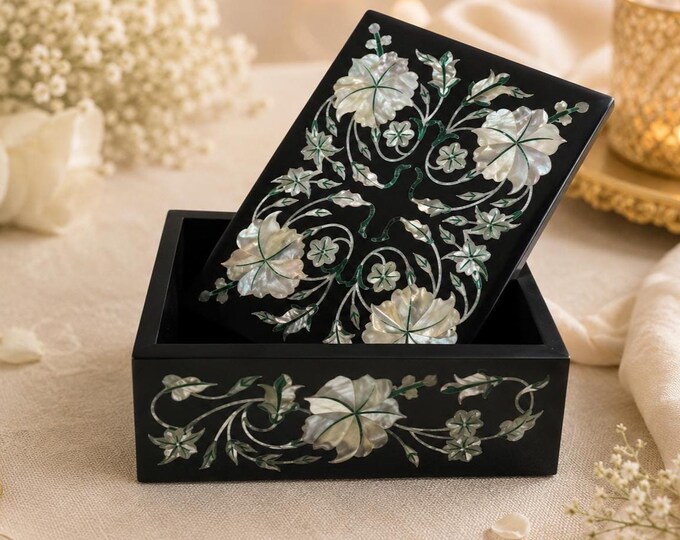 Handmade Black Marble Jewelry Box with Mother of Pearl Inlay